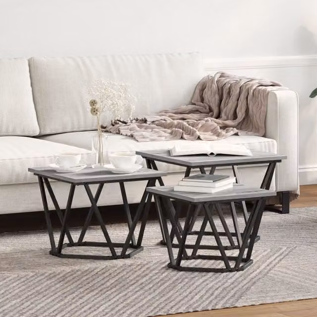 Berkfield Home Set of 3 Modern Grey Nested Square Side Tables with Metal X-Frame