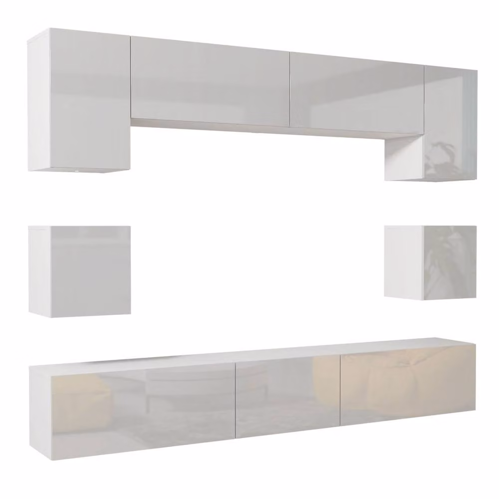Mex Furniture LTD Panorama Wall Mounted TV Unit in White with Glossy Hinged Doors, W: 242 cm, H: 35 cm, D: 207 cm – 4