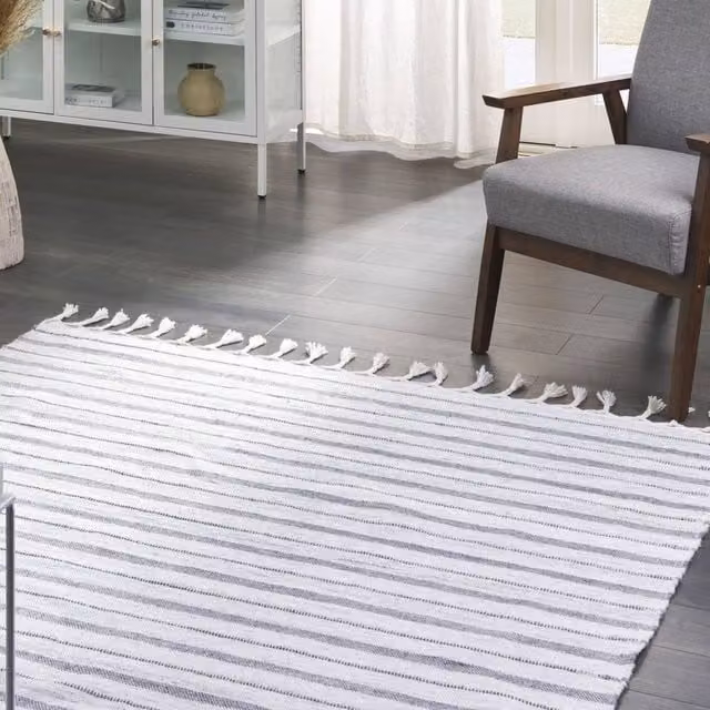 Wyld and Coco White Striped Handwoven Indoor-Outdoor Area Rug, W: 160 cm, L: 230 cm