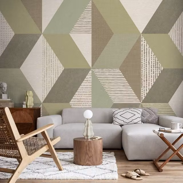 Superfresco Easy Tribal Geo Sage Green Abstract Geometric Retro Mural, W: 300 cm, H: 280 cm