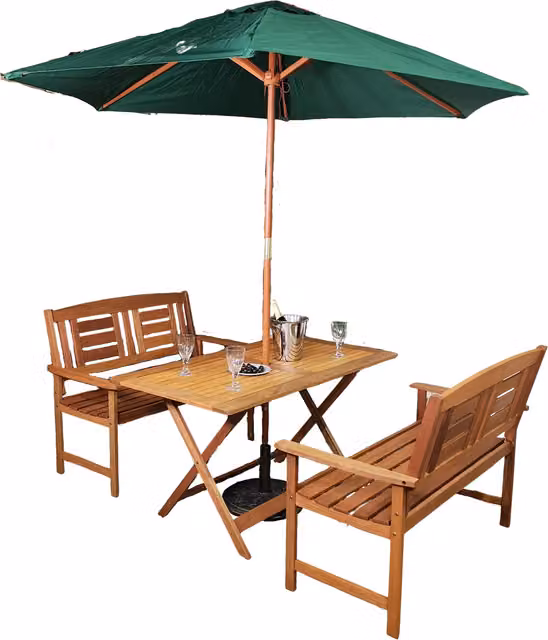 Samuel Alexander 4 Person Folding Rectangle Wooden Patio Dining Table and Bench Set with Brown and Green Parasol
