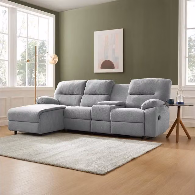 Home Detail Jacob 3 Seater Manual Recliner L-Shape Sofa with Chaise in Grey Linen, Left-Facing