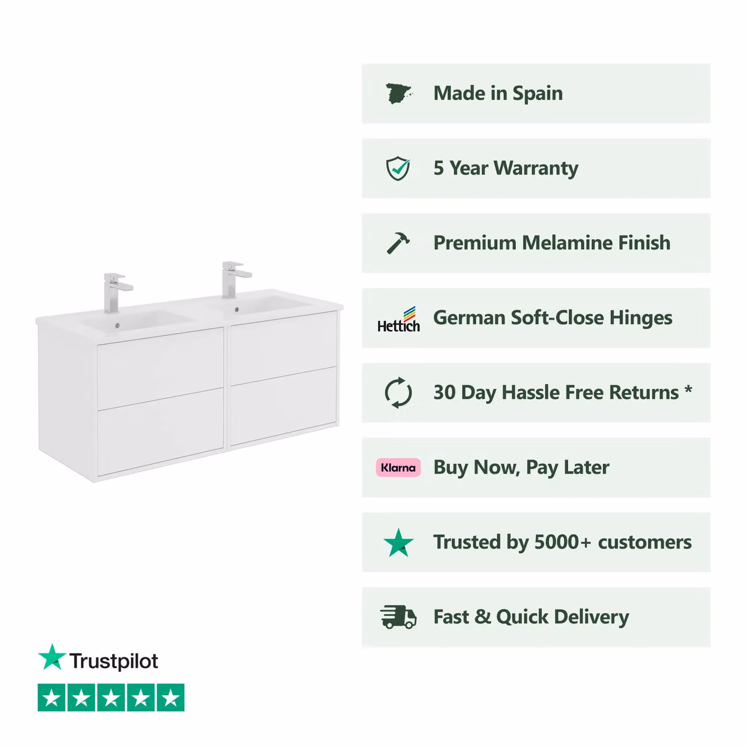 Banyetti Venti 1200mm Wall Hung Vanity Unit with Lira Basin, Matt White, W: 120 cm, D: 45 cm, H: 48 cm – 2