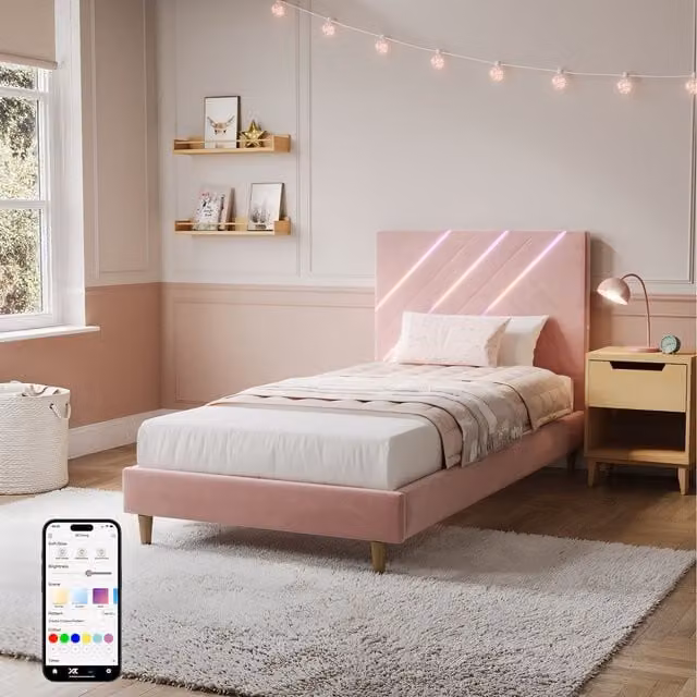 XR Living Lily Upholstered Velvet Single Bed Frame with App Controlled LED Under-Bed Lighting in Pink (90 x 200 cm)