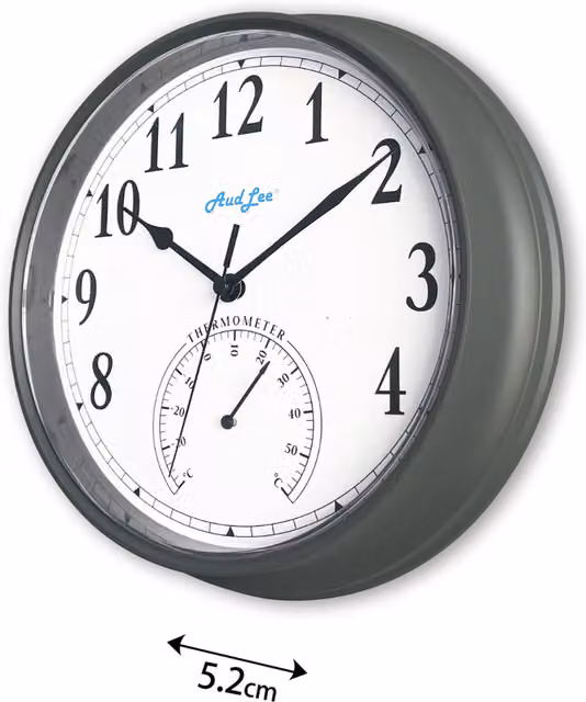 Audlee Round Analog Tub Wall Clock with Thermometer in Dark Grey and Yellow