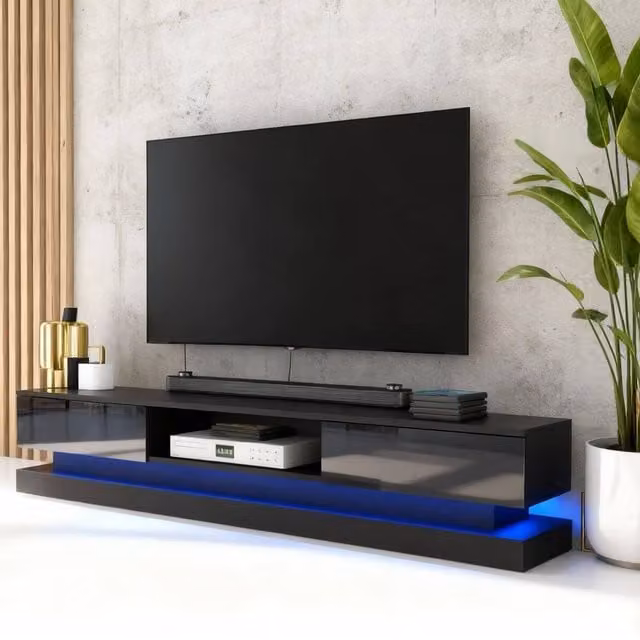 FORGEVIO Modern Black Glossy TV Unit and Sideboard Cabinet with Integrated Lighting