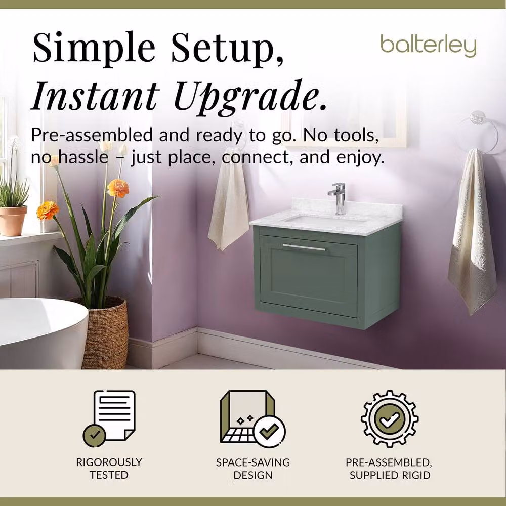 Balterley Blithbury Wall Hung 1 Drawer Vanity Basin Unit, Matt Green, Width: 60 cm – 2