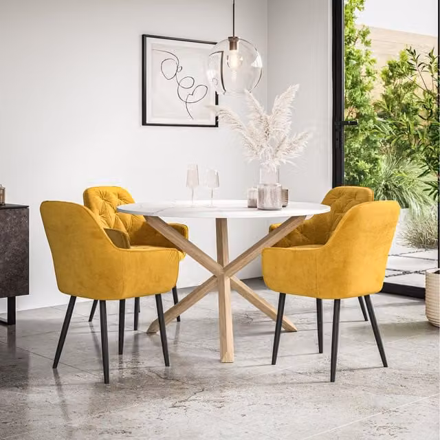 More4Homes Malvern Round Marble Effect Dining Table Set with 4 Anika Velvet Chairs in Yellow and White with Oak Legs, W/D/H: 120 x 120 x 75 cm