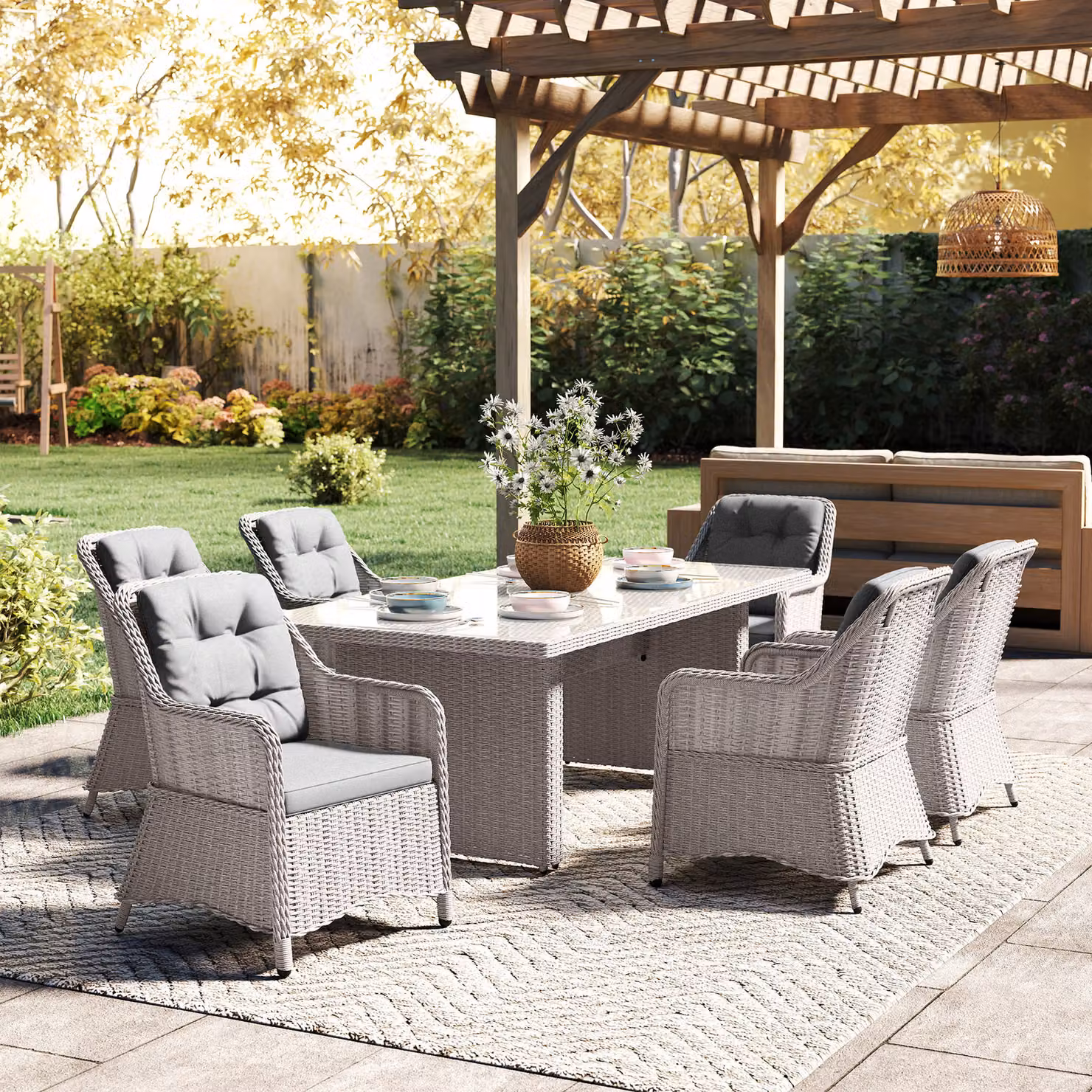 Outsunny 7 Piece Grey PE Rattan Outdoor Dining Set with Powder Coated Aluminium Chairs and Tempered Glass Top Table – 7