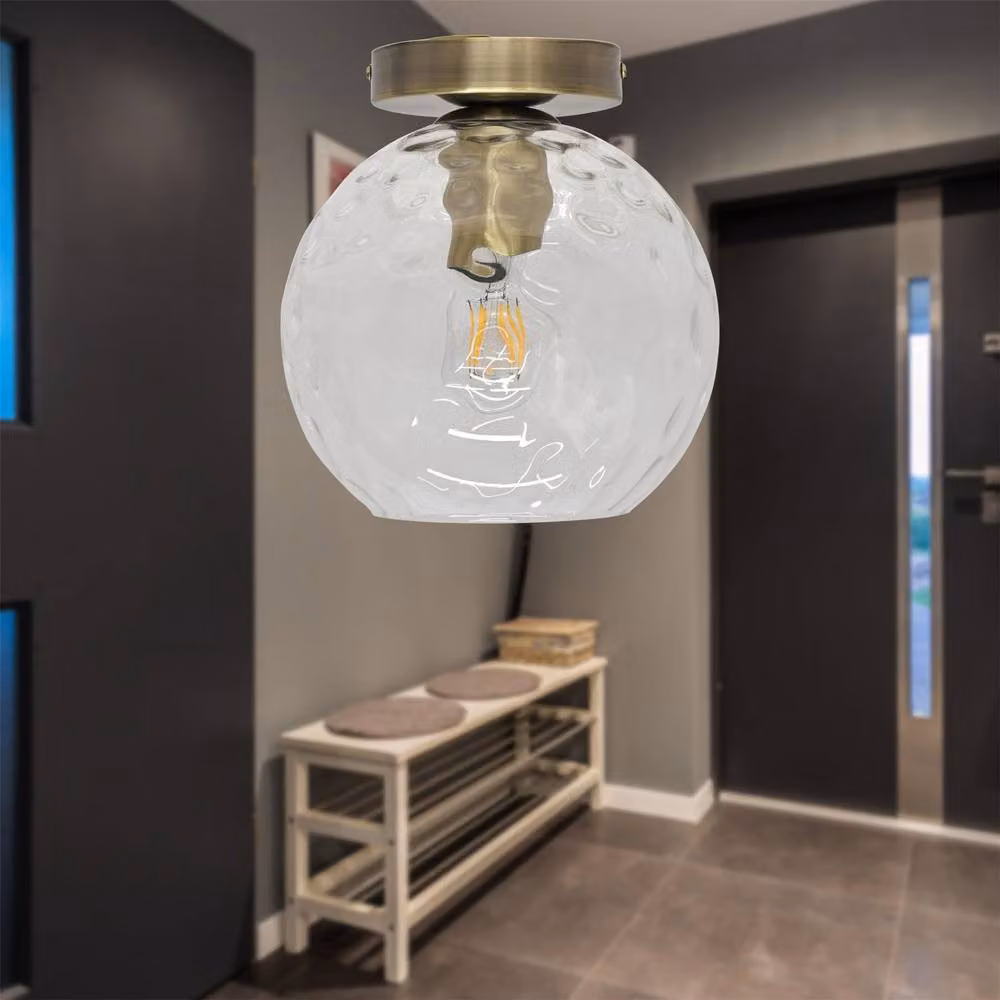 First Choice Lighting Barnum Ceiling Light Fitting with Transparent Dimple Glass Globe and Antique Brass Finish – 2