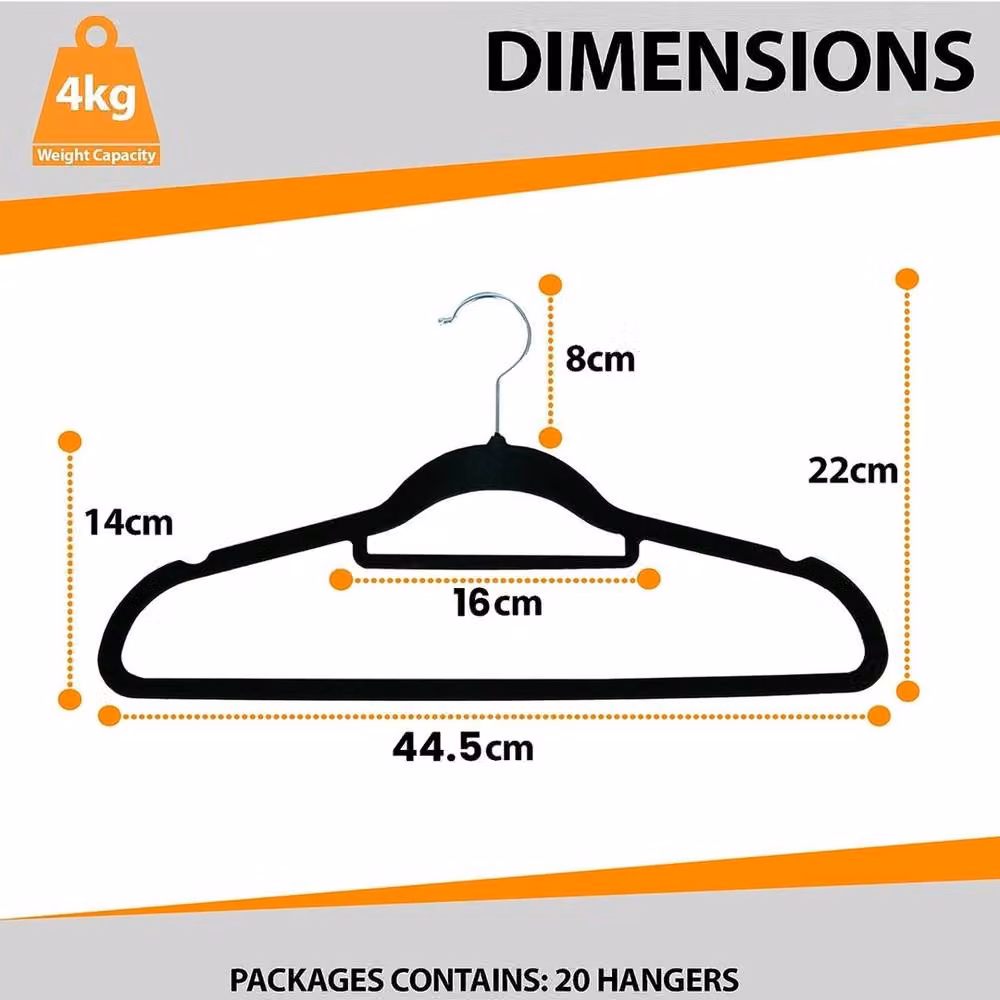 Kelvenix Non-Slip Velvet Flocked Clothes Hangers, Black, W: 45 cm, H: 50 cm, D: 23 cm – 2