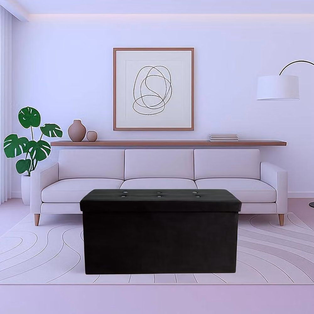 Simpa Large Fold Flat Black Brushed Velvet Ottoman Storage with Comfortable Cushion, L 76 cm x W 38 cm x H 37 cm – 7