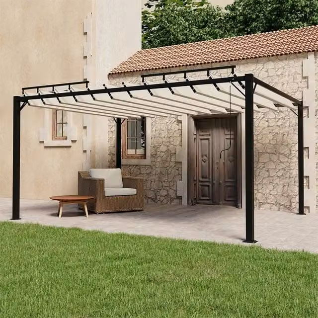 Berkfield Home Gazebo with Louvered Roof in Beige Aluminium and Cream Fabric, W: 400 cm, D: 300 cm