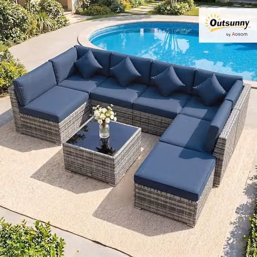 Outsunny 8 Piece L-Shape Rattan Garden Furniture Set with Blue Upholstered Cushions, Coffee Table and Ottoman – 6