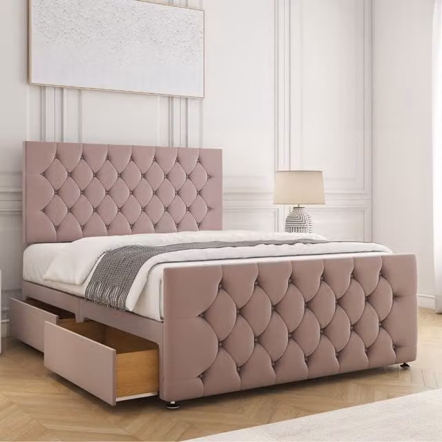 BSSPOKE Maya Super King Velvet Plush Divan Bed with 24 inch Headboard, Footboard, 4 Drawers and Mattress in Pink, W/D/H: 200 x 200 cm