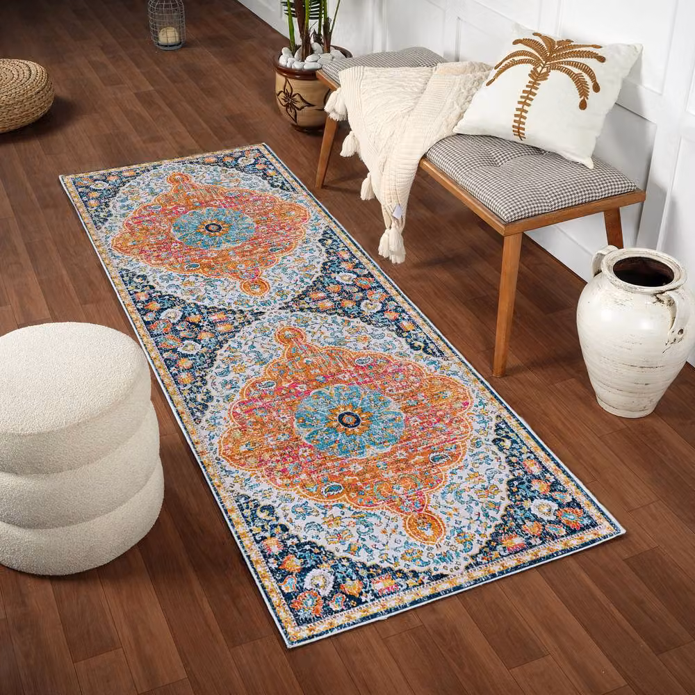 Livabliss Floransa Vintage Boho Traditional Living and Dining Room Rug in Orange, Blue, Pink and Cream, W: 80 cm, L: 220 cm – 5