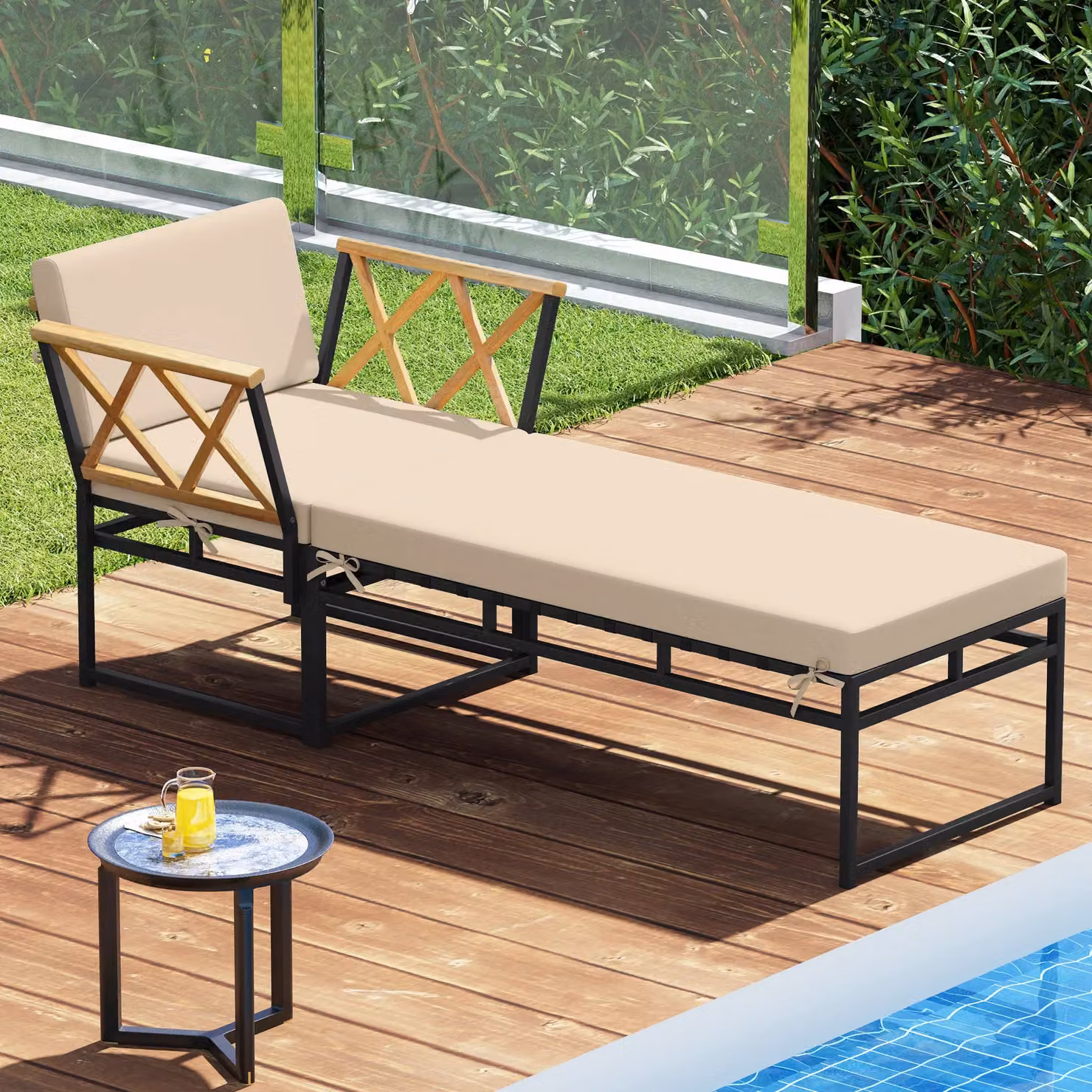 Costway 2 Piece Patio Furniture Set with Acacia Wood Armchairs and Matching Ottoman in Brown and Beige – 6