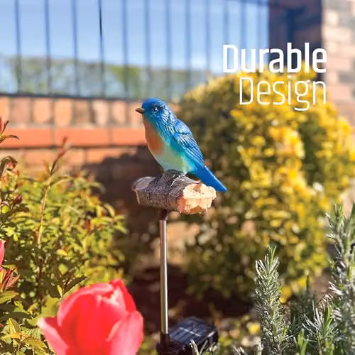 GardenKraft Chirping Bluebird Solar Light with Singing Bird Sounds, Blue and Gold, Warm White LED with Stainless Steel Ground Stake – 4