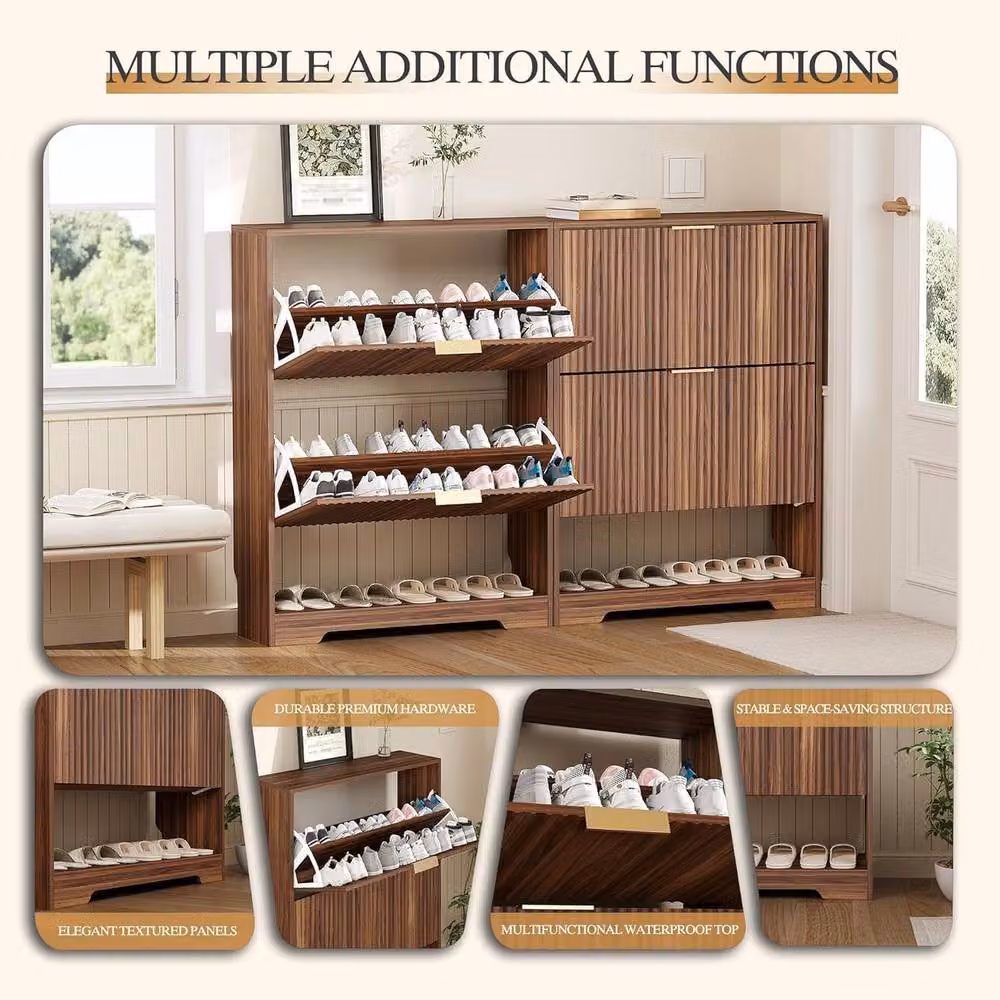London Boutique Mid-Century Modern Wooden Shoe Storage Cabinet in Walnut with 2 Drawers and Tilting Compartments – 5