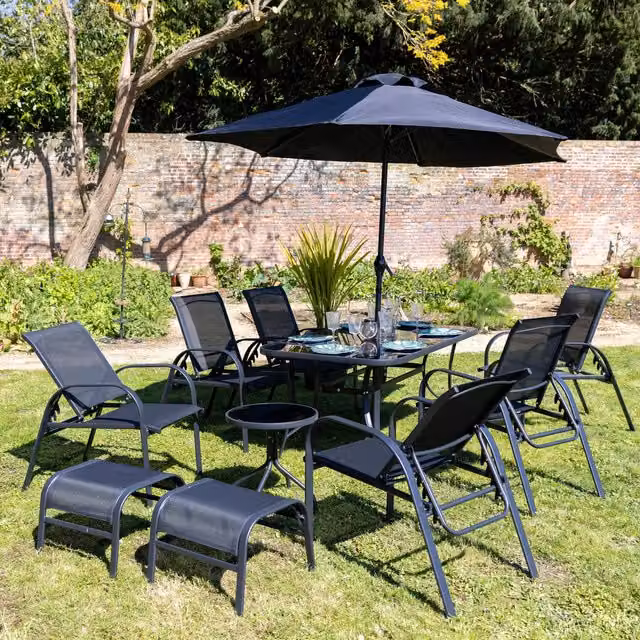 Primrose 6 Seater Reclining Glass Table Garden Leisure Set with Parasol in Black