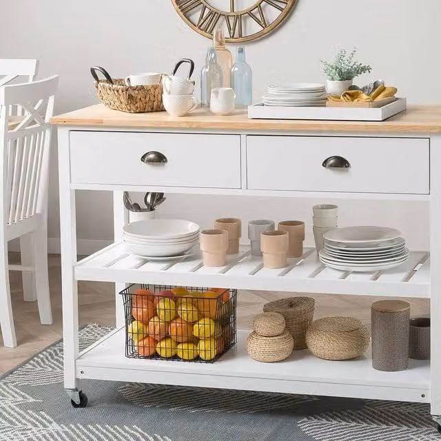 Wyld Haus Nordic Kitchen Trolley in White with Warm Rubberwood Top, Two Drawers and Two Shelves – 1