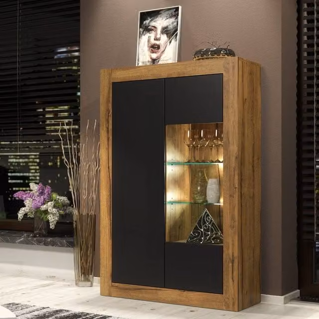 Mex Furniture LTD Arcadia Display Cabinet in Dark Oak and Black Matt with Integrated LED Lighting, W: 140 cm, H: 93 cm, D: 35 cm