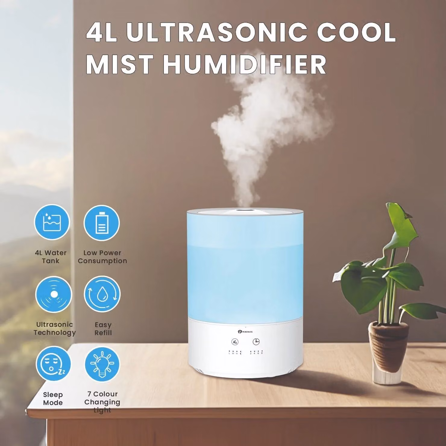 PureMate White Top-Fill Cool Humidifier and Aroma Diffuser with 4L Capacity and 7 Colour Changing Lights – 2