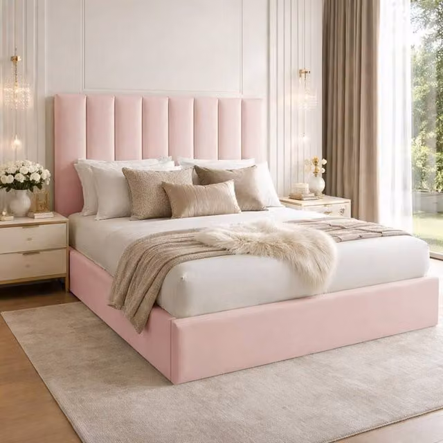 Desire Deco Pink Plush Velvet Upholstered Panel Bed Frame, King Size (W: 180 cm, L: 200 cm)