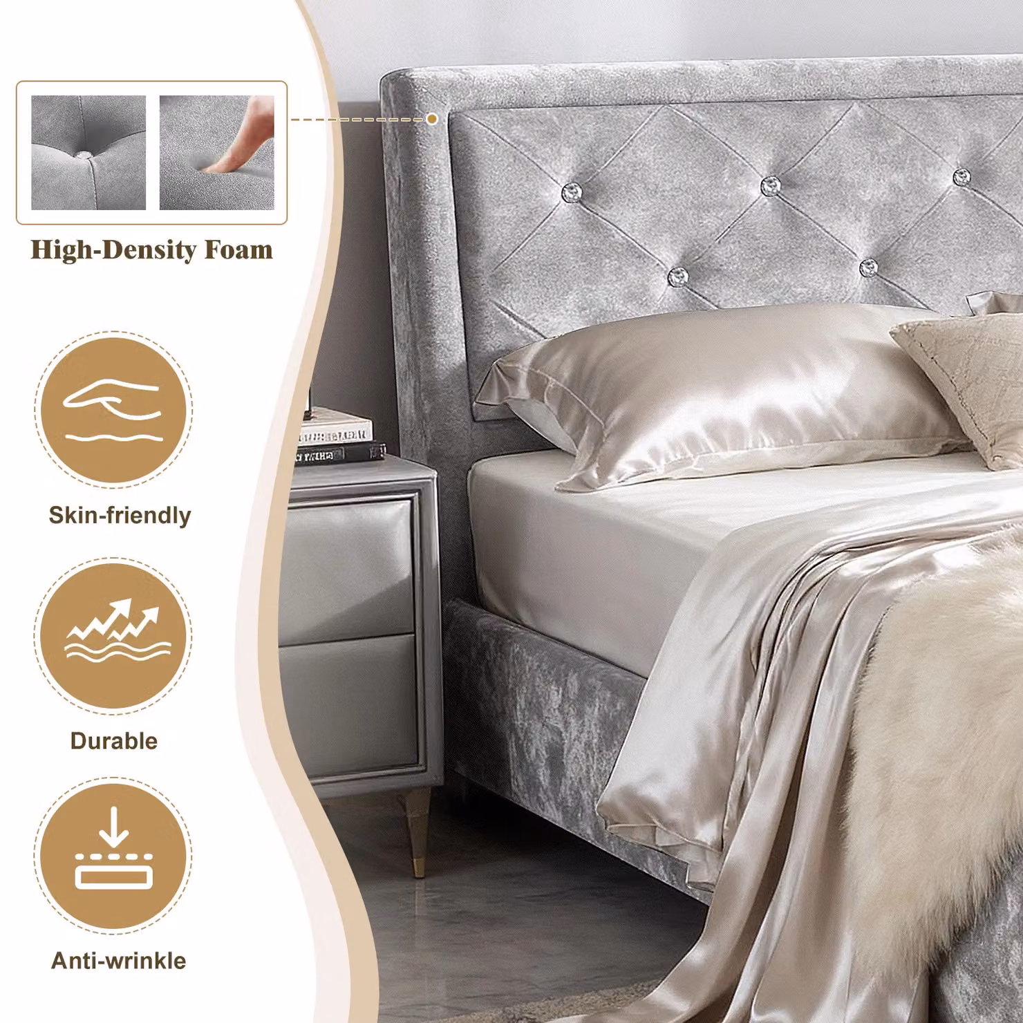 Comfy Living Ltd Silver Crushed Velvet Upholstered Bedframe with Lift Up Base, W/D/H: 140 x 200 x 110 cm – 3