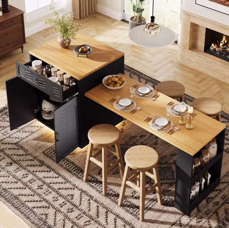STILVORA Extendable Kitchen Island Dining Table with Storage in Black, H 95.5 x W 80 x D 53 cm
