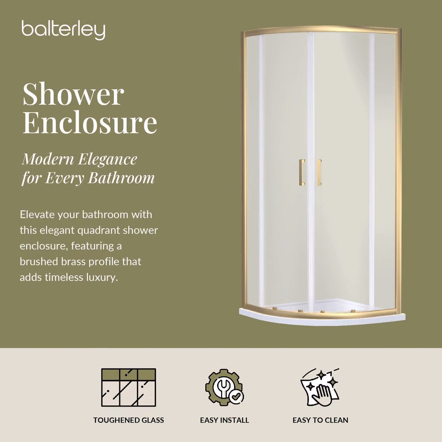 Balterley 6mm Glass Quadrant Corner Shower Enclosure, Brushed Brass, H x W x D: 190 x 80 x 80 cm – 2