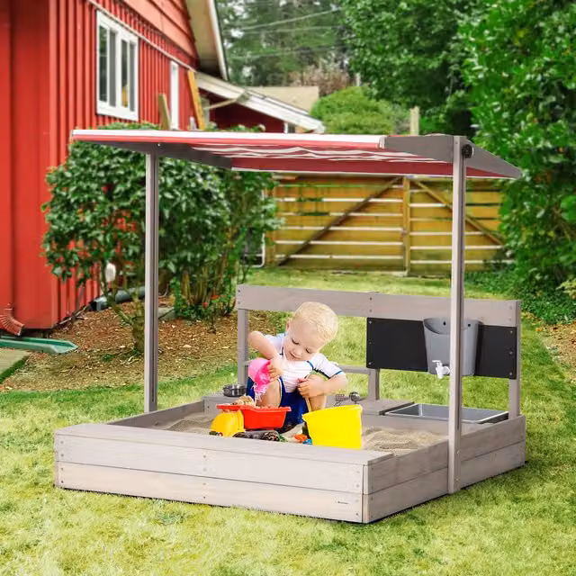 Outsunny Kids Sandbox with Adjustable Canopy and Faucet, Grey