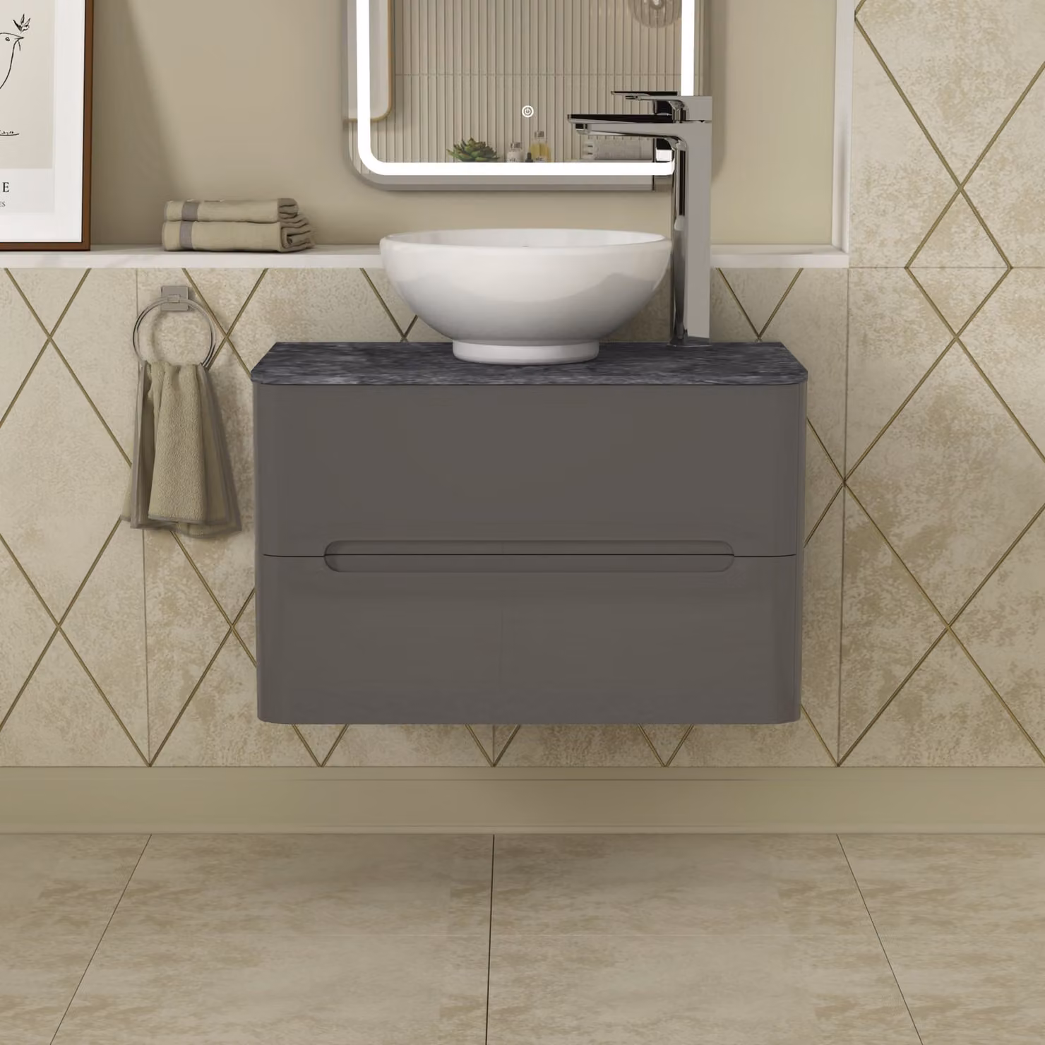 Royal Bathrooms Infinity 800mm Gloss Anthracite Wall Hung Vanity Unit with Black Star Countertop Basin and 2 Drawers