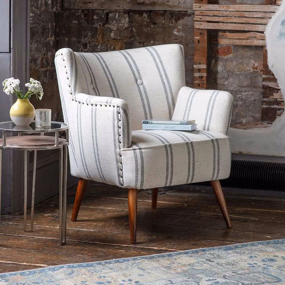 Atkin & Thyme Mitzi Armchair in Maritime Striped Fabric with White Upholstered Frame