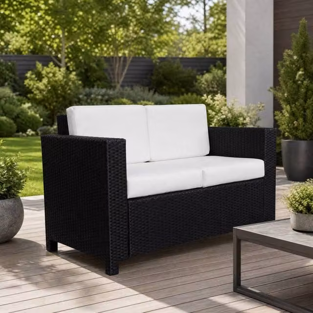 STILVORA 2 Seater Sofa with Cushions in Black with Metal and Rattan Details