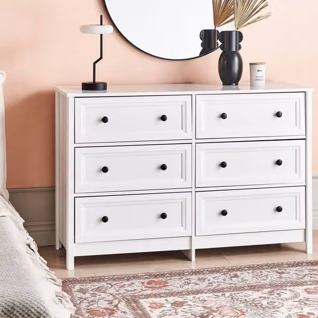 Wyld and Coco 6-Drawer Scandinavian Chest in White with Black Handles and Pine Wood Legs