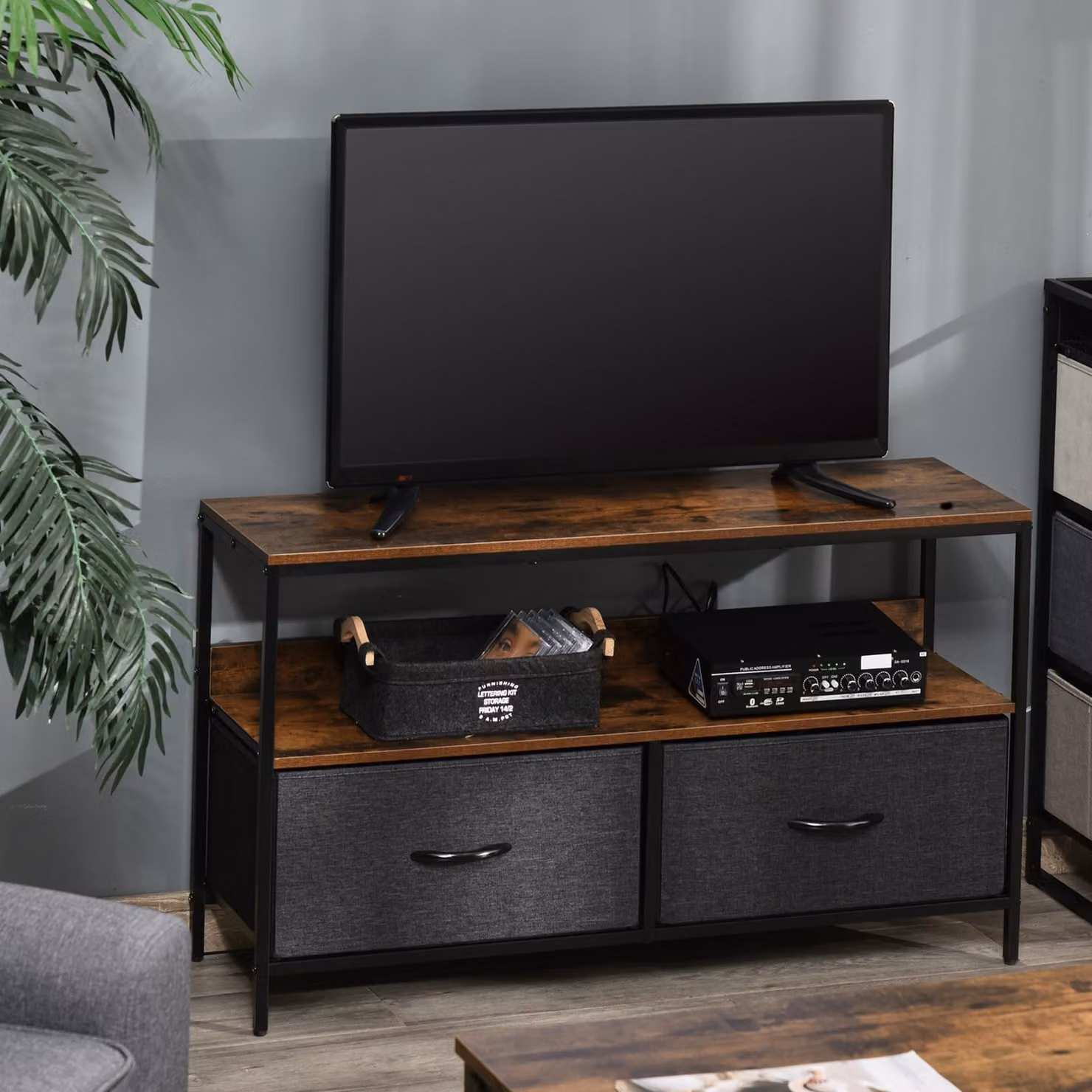 HOMCOM TV Cabinet with 2 Foldable Linen Drawers and Shelving in Rustic Brown – 2