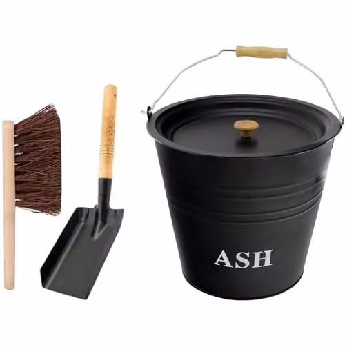 Almineez 12L Steel Ash Bucket with Lid, Wooden Handle, Shovel and Brush in Black and Silver – 1