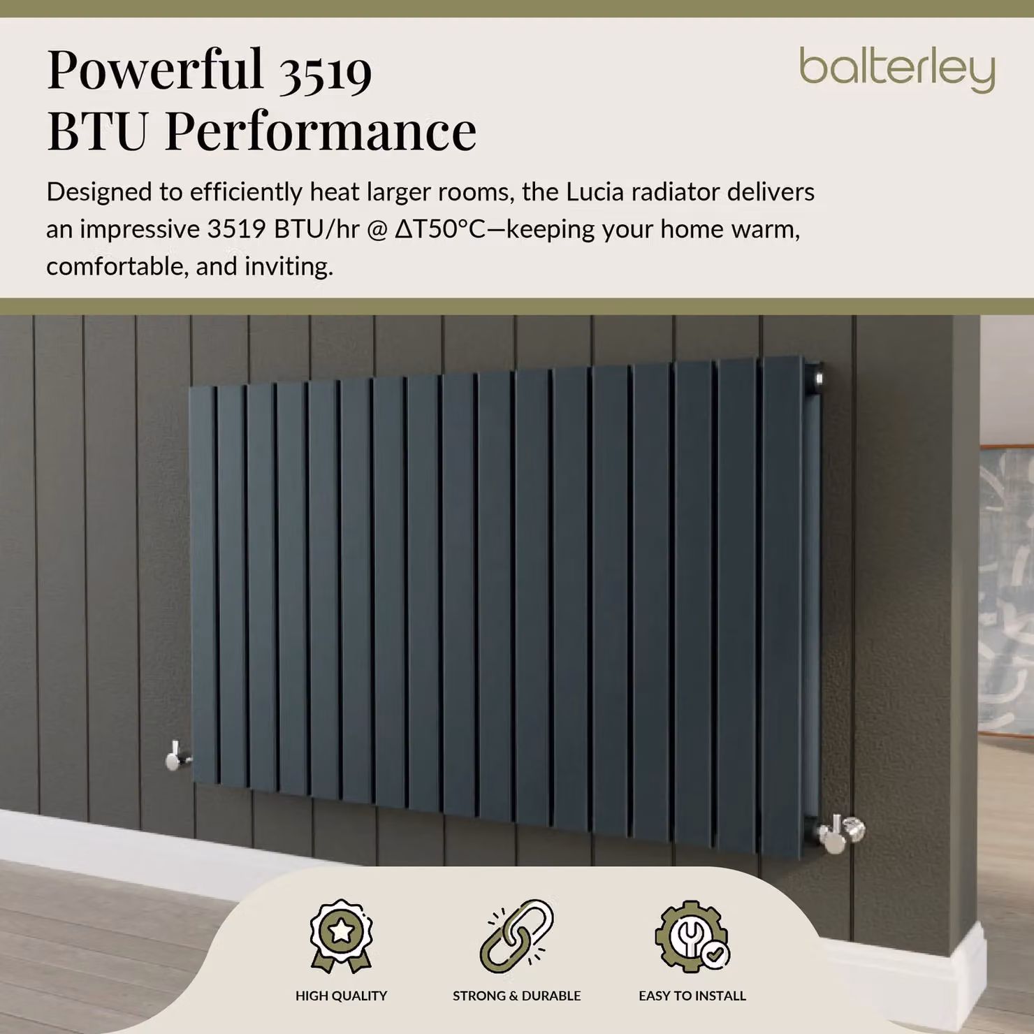 Balterley Lucia Square Horizontal Double Panel Radiator, Anthracite Grey, W: 99.2 cm, H: 60 cm – 2
