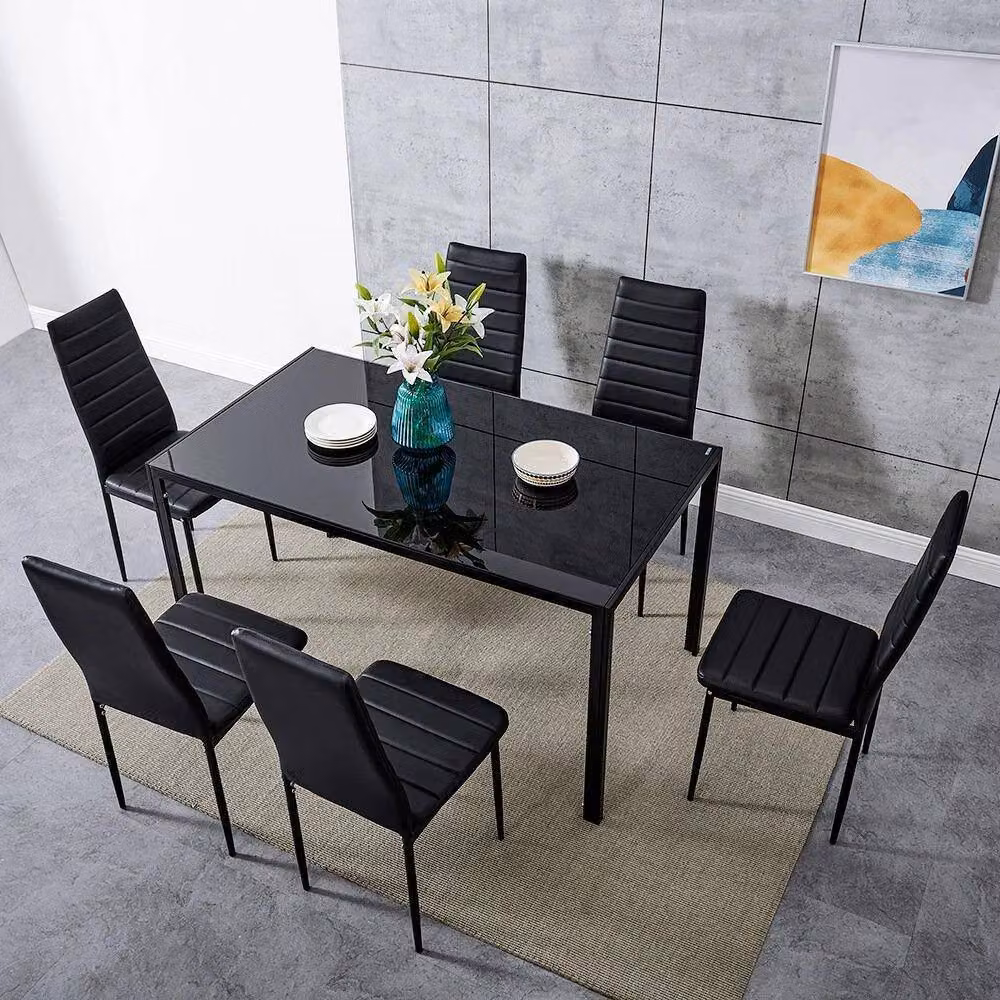 KOSY KOALA Black Glass Dining Table and 6 Black Faux Leather Chairs Set, W/D/H: 120 x 70 x 75 cm – 2