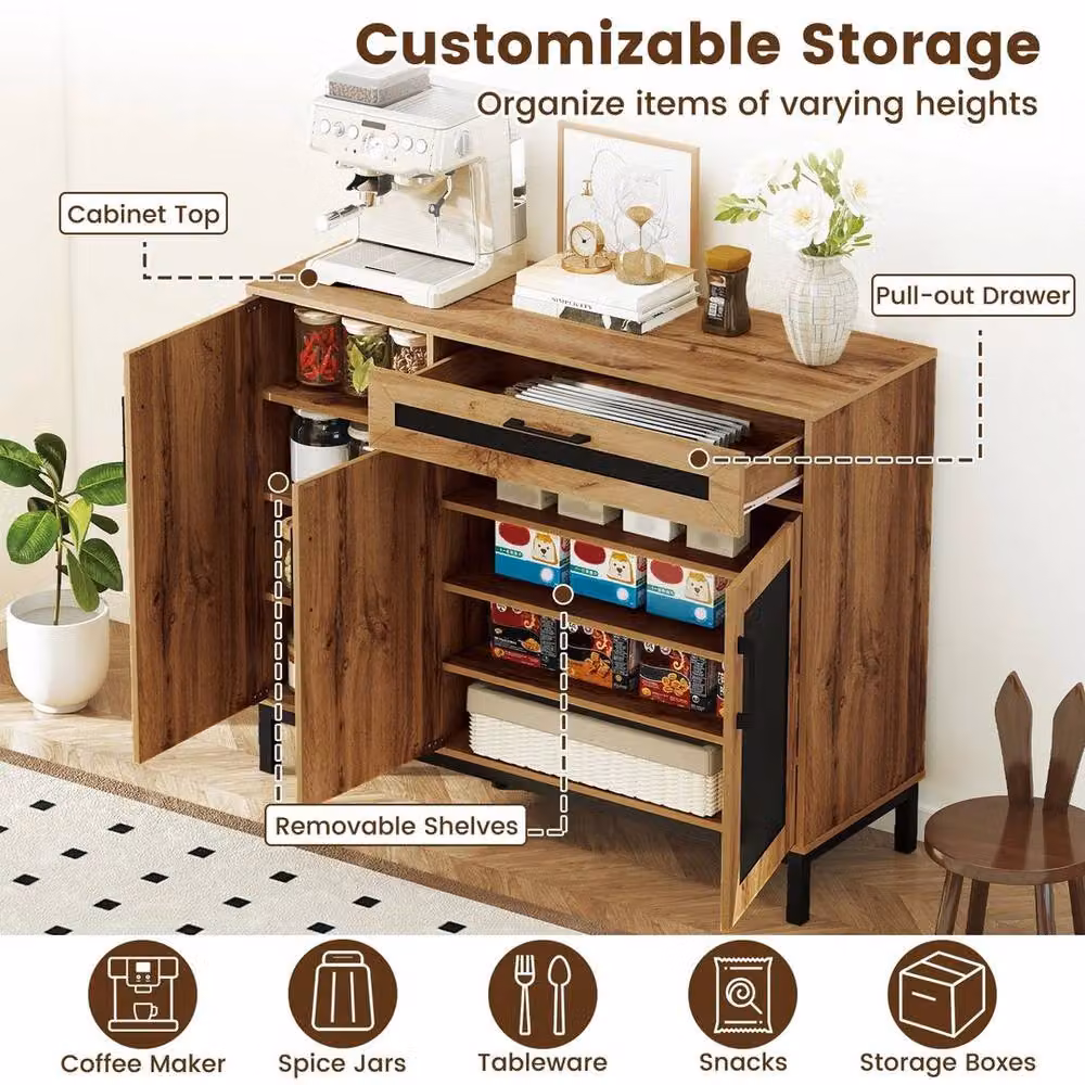 KORVIXA Modern 3-Door Accent Coffee Bar Console Station in Brown and Black, W/D/H: 100 x 100 x 100 cm – 4