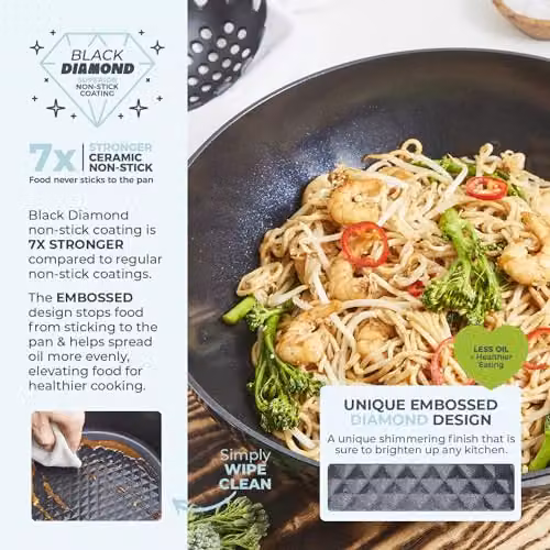 Tower Diamo Ceramic Non-Stick Wok, Black, 28cm – 3