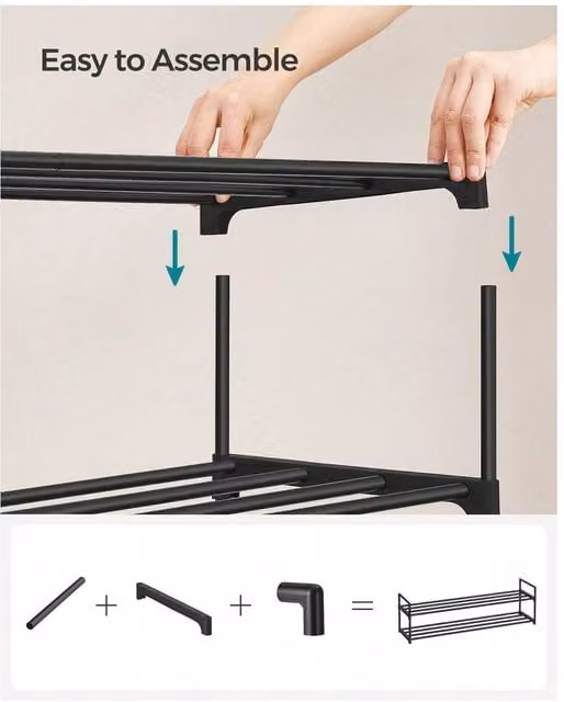 SONGMICS 2-Tier Freestanding Shoe Rack Storage Organiser, Black, W: 70 cm, D: 34 cm, H: 116 cm