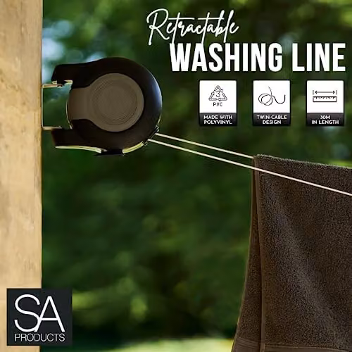 Tanness Wall Mounted Twin Cable Retractable Washing Line, 30m, Black and Grey – 2