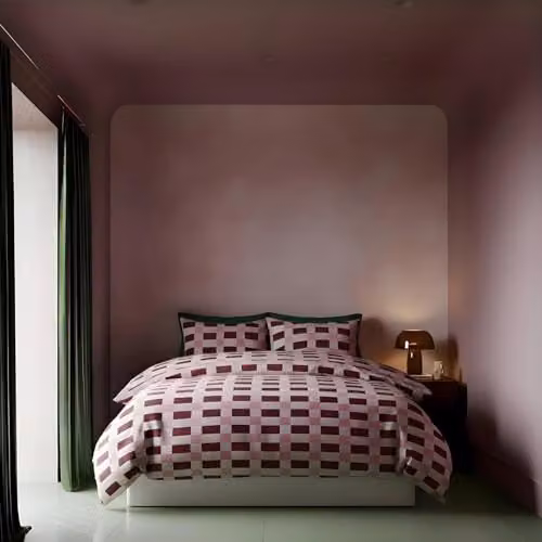 OHS Checkerboard Microfibre Double Duvet Cover and Pillowcase Set in Pink and Red, W/D/H: 200 x 200 cm – 1
