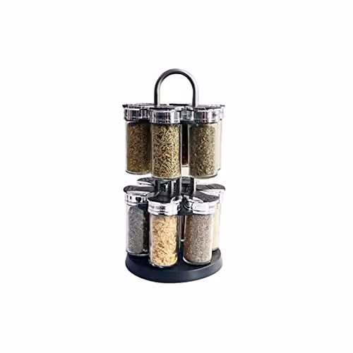 JINGYAN Rotating Spice Rack Organizer with 12 Glass Jars and Stainless Steel Accents, Black