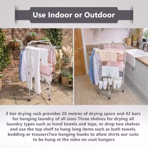 JVL Foldable 3 Tier Drying Rack with Hooks, White, W/D/H: 135.0 x 68.5 x 28.0 cm – 3