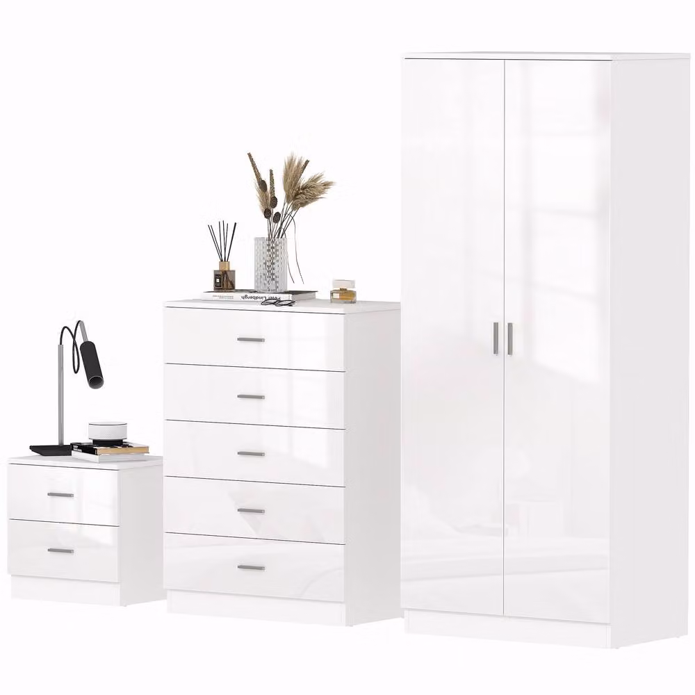 STILVORA 3 Piece Modern Glossy White Bedroom Furniture Set with Wardrobe and Drawers – 2
