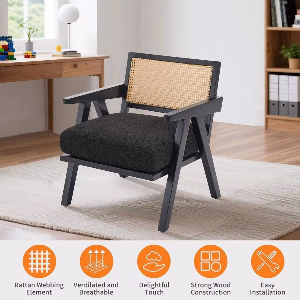 GarveeHome SPETLEK Mid-Century Farmhouse Accent Chair in Black Fabric with Wood Armrests – 5