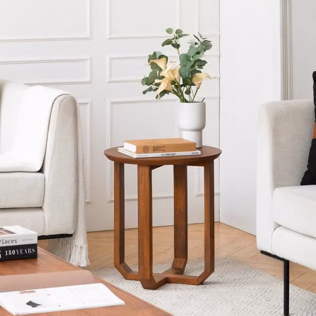 MH London Forbes Modern Round Solid Wood Side Table in Walnut Brown